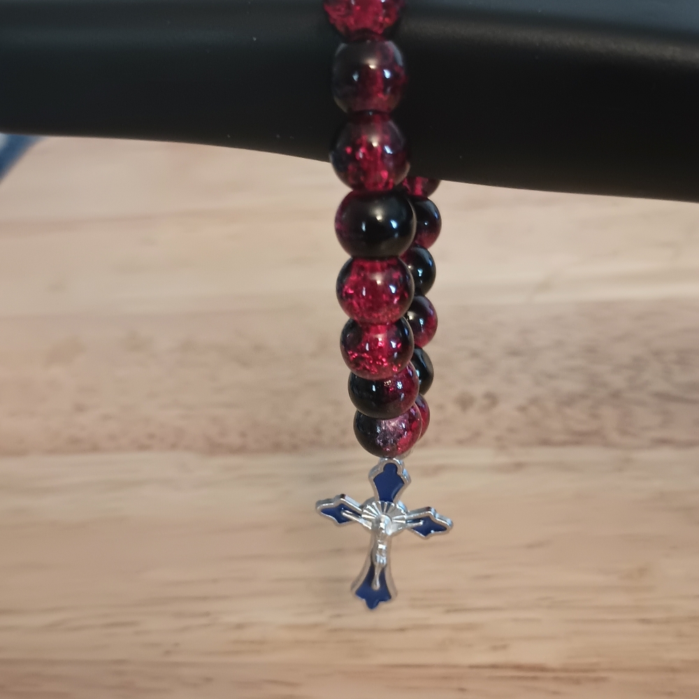 Red and Black Beaded Bracelet with Silver Cross Charm